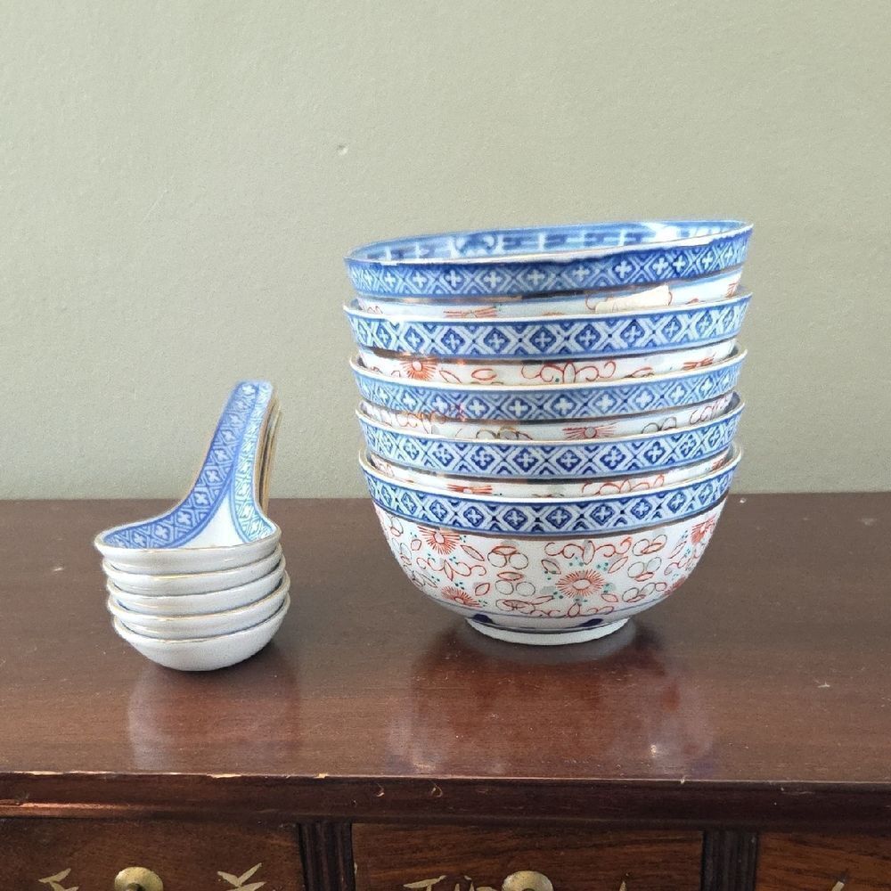 Vintage Set Of China Sushi Bowls and Spoons